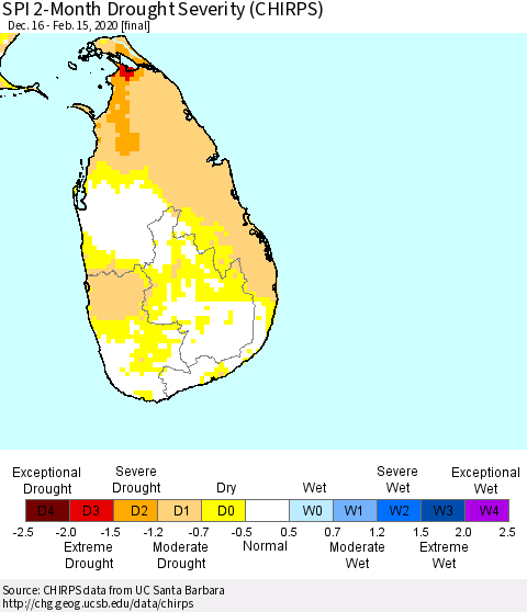 Sri Lanka SPI 2-Month Drought Severity (CHIRPS) Thematic Map For 12/16/2019 - 2/15/2020