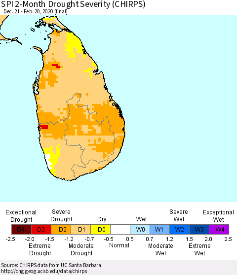 Sri Lanka SPI 2-Month Drought Severity (CHIRPS) Thematic Map For 12/21/2019 - 2/20/2020