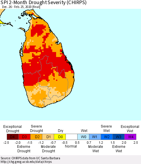 Sri Lanka SPI 2-Month Drought Severity (CHIRPS) Thematic Map For 12/26/2019 - 2/25/2020