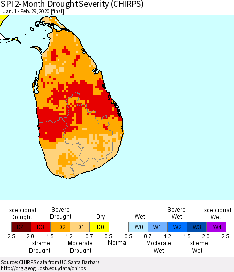 Sri Lanka SPI 2-Month Drought Severity (CHIRPS) Thematic Map For 1/1/2020 - 2/29/2020