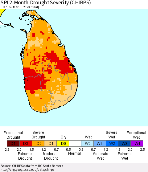 Sri Lanka SPI 2-Month Drought Severity (CHIRPS) Thematic Map For 1/6/2020 - 3/5/2020