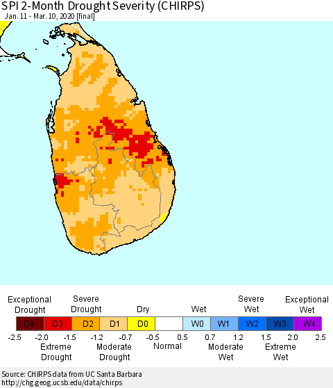 Sri Lanka SPI 2-Month Drought Severity (CHIRPS) Thematic Map For 1/11/2020 - 3/10/2020