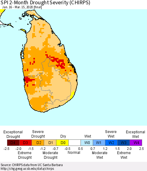 Sri Lanka SPI 2-Month Drought Severity (CHIRPS) Thematic Map For 1/16/2020 - 3/15/2020