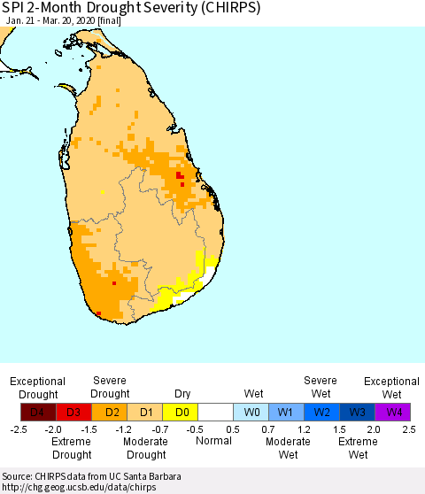 Sri Lanka SPI 2-Month Drought Severity (CHIRPS) Thematic Map For 1/21/2020 - 3/20/2020