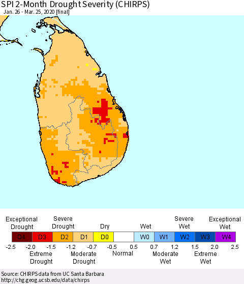 Sri Lanka SPI 2-Month Drought Severity (CHIRPS) Thematic Map For 1/26/2020 - 3/25/2020