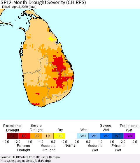Sri Lanka SPI 2-Month Drought Severity (CHIRPS) Thematic Map For 2/6/2020 - 4/5/2020