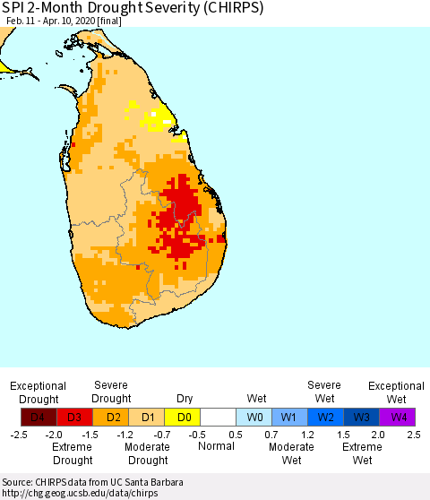 Sri Lanka SPI 2-Month Drought Severity (CHIRPS) Thematic Map For 2/11/2020 - 4/10/2020
