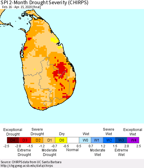 Sri Lanka SPI 2-Month Drought Severity (CHIRPS) Thematic Map For 2/16/2020 - 4/15/2020