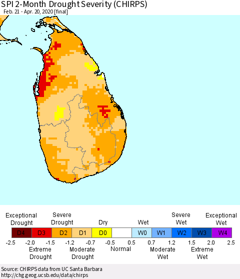 Sri Lanka SPI 2-Month Drought Severity (CHIRPS) Thematic Map For 2/21/2020 - 4/20/2020