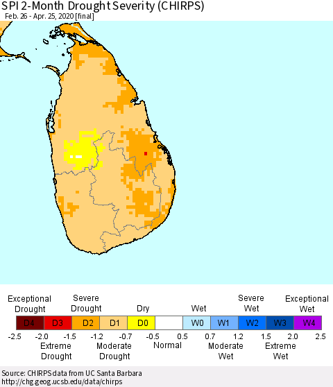Sri Lanka SPI 2-Month Drought Severity (CHIRPS) Thematic Map For 2/26/2020 - 4/25/2020