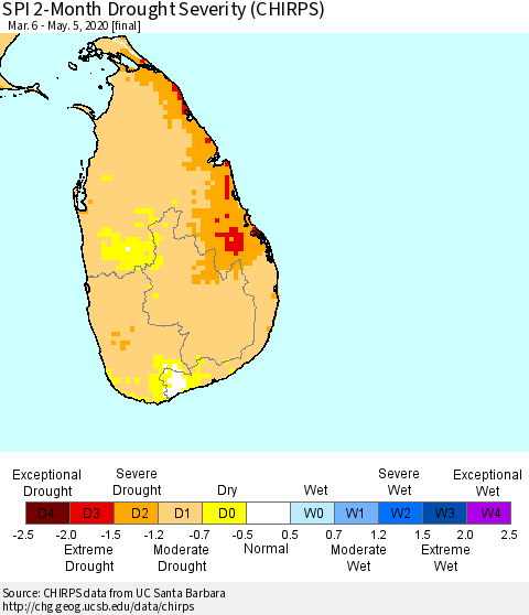 Sri Lanka SPI 2-Month Drought Severity (CHIRPS) Thematic Map For 3/6/2020 - 5/5/2020