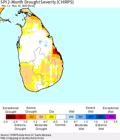 Sri Lanka SPI 2-Month Drought Severity (CHIRPS) Thematic Map For 3/11/2020 - 5/10/2020