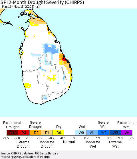 Sri Lanka SPI 2-Month Drought Severity (CHIRPS) Thematic Map For 3/16/2020 - 5/15/2020