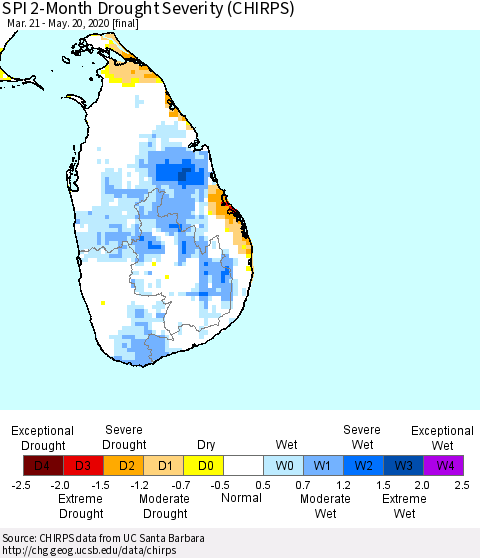 Sri Lanka SPI 2-Month Drought Severity (CHIRPS) Thematic Map For 3/21/2020 - 5/20/2020
