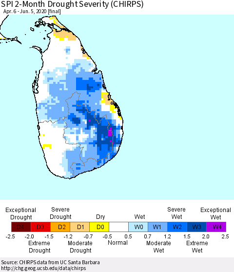 Sri Lanka SPI 2-Month Drought Severity (CHIRPS) Thematic Map For 4/6/2020 - 6/5/2020