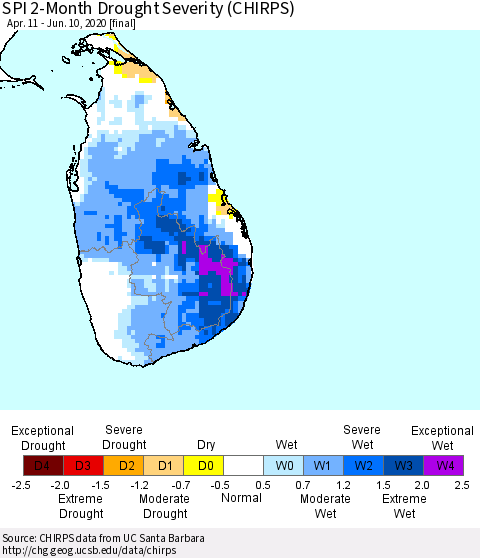 Sri Lanka SPI 2-Month Drought Severity (CHIRPS) Thematic Map For 4/11/2020 - 6/10/2020