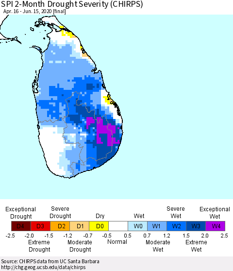 Sri Lanka SPI 2-Month Drought Severity (CHIRPS) Thematic Map For 4/16/2020 - 6/15/2020