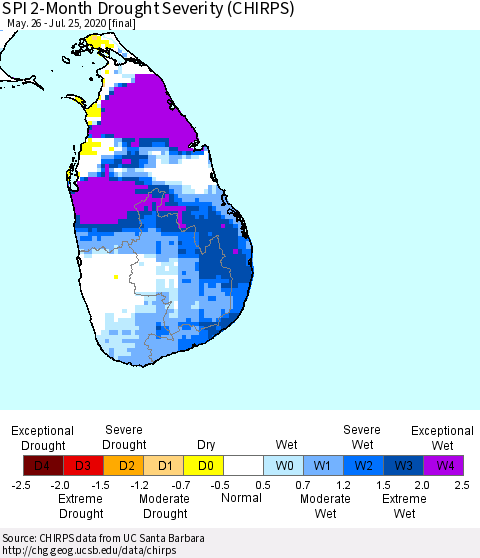 Sri Lanka SPI 2-Month Drought Severity (CHIRPS) Thematic Map For 5/26/2020 - 7/25/2020
