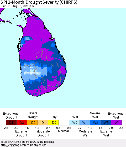 Sri Lanka SPI 2-Month Drought Severity (CHIRPS) Thematic Map For 6/11/2020 - 8/10/2020