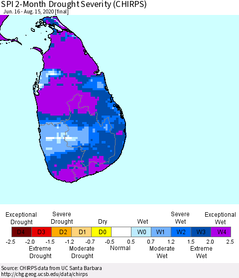 Sri Lanka SPI 2-Month Drought Severity (CHIRPS) Thematic Map For 6/16/2020 - 8/15/2020