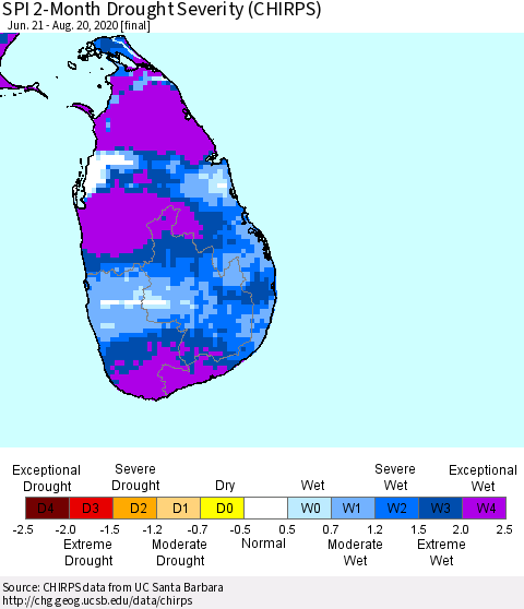 Sri Lanka SPI 2-Month Drought Severity (CHIRPS) Thematic Map For 6/21/2020 - 8/20/2020