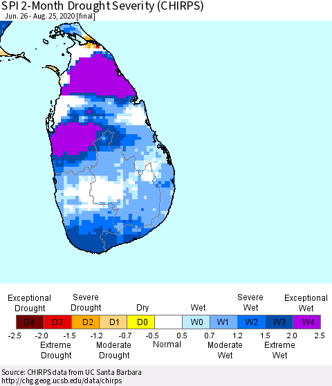 Sri Lanka SPI 2-Month Drought Severity (CHIRPS) Thematic Map For 6/26/2020 - 8/25/2020