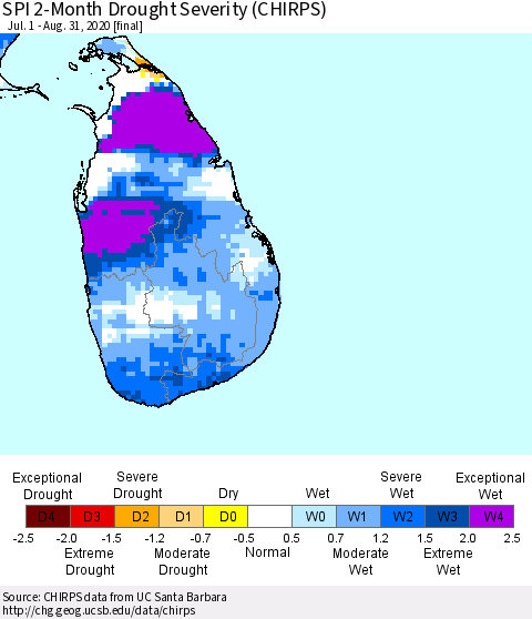Sri Lanka SPI 2-Month Drought Severity (CHIRPS) Thematic Map For 7/1/2020 - 8/31/2020