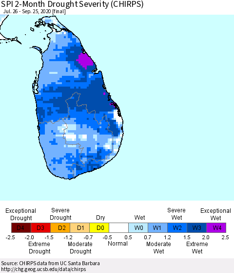 Sri Lanka SPI 2-Month Drought Severity (CHIRPS) Thematic Map For 7/26/2020 - 9/25/2020