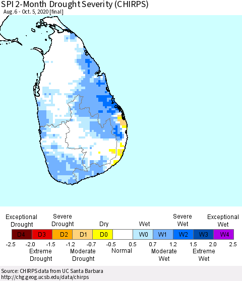 Sri Lanka SPI 2-Month Drought Severity (CHIRPS) Thematic Map For 8/6/2020 - 10/5/2020