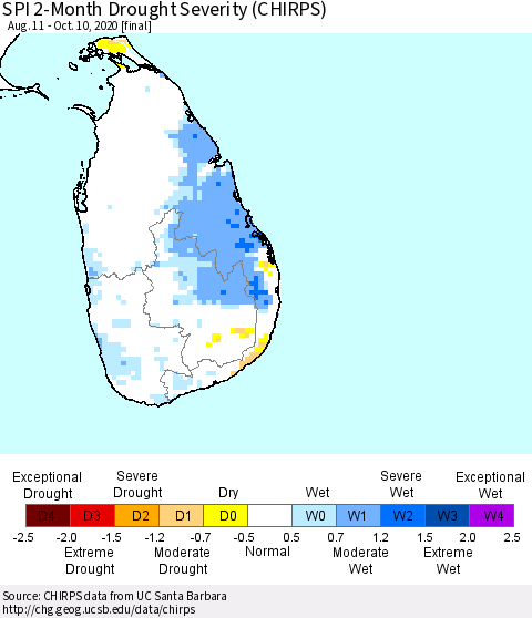 Sri Lanka SPI 2-Month Drought Severity (CHIRPS) Thematic Map For 8/11/2020 - 10/10/2020