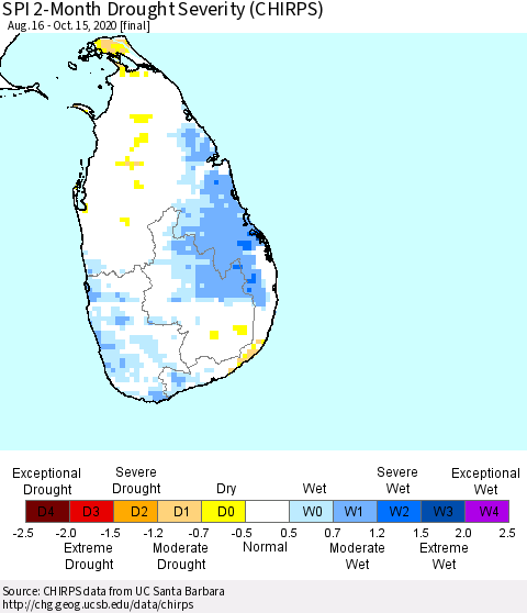 Sri Lanka SPI 2-Month Drought Severity (CHIRPS) Thematic Map For 8/16/2020 - 10/15/2020
