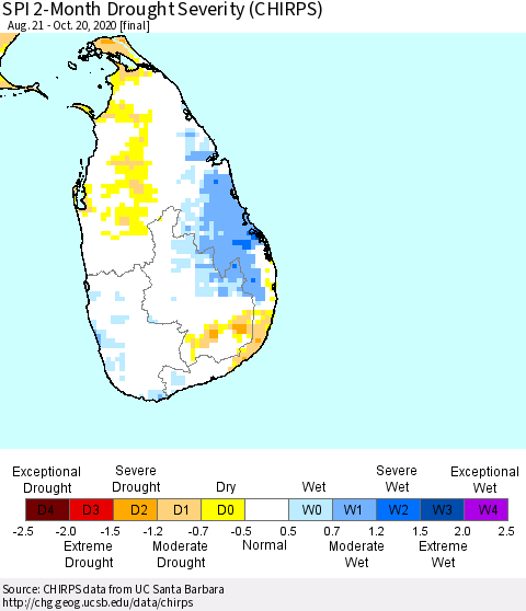 Sri Lanka SPI 2-Month Drought Severity (CHIRPS) Thematic Map For 8/21/2020 - 10/20/2020
