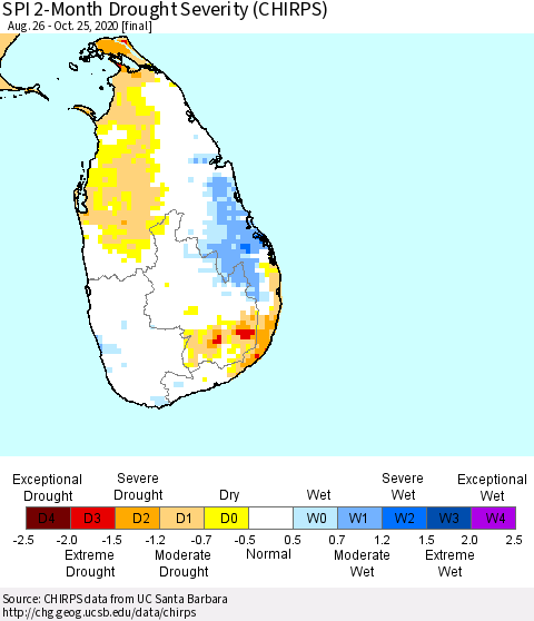 Sri Lanka SPI 2-Month Drought Severity (CHIRPS) Thematic Map For 8/26/2020 - 10/25/2020