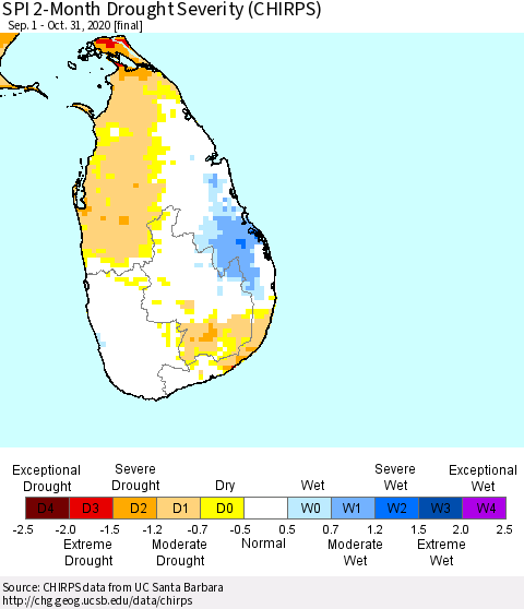 Sri Lanka SPI 2-Month Drought Severity (CHIRPS) Thematic Map For 9/1/2020 - 10/31/2020