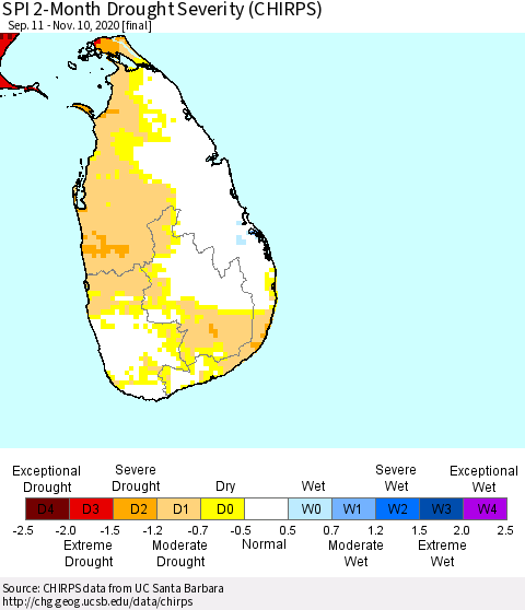 Sri Lanka SPI 2-Month Drought Severity (CHIRPS) Thematic Map For 9/11/2020 - 11/10/2020