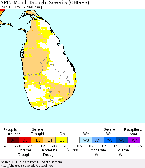 Sri Lanka SPI 2-Month Drought Severity (CHIRPS) Thematic Map For 9/16/2020 - 11/15/2020