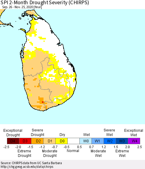 Sri Lanka SPI 2-Month Drought Severity (CHIRPS) Thematic Map For 9/26/2020 - 11/25/2020