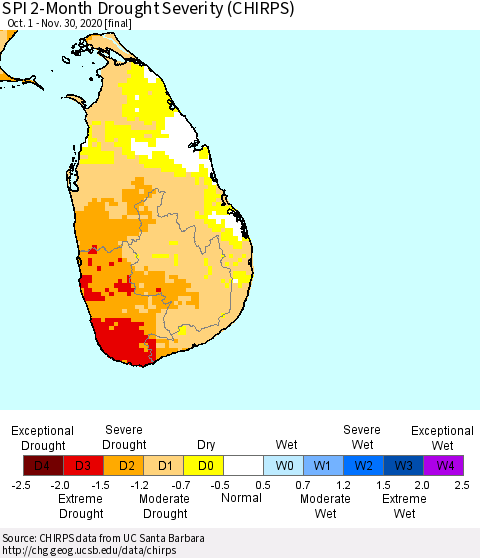 Sri Lanka SPI 2-Month Drought Severity (CHIRPS) Thematic Map For 10/1/2020 - 11/30/2020
