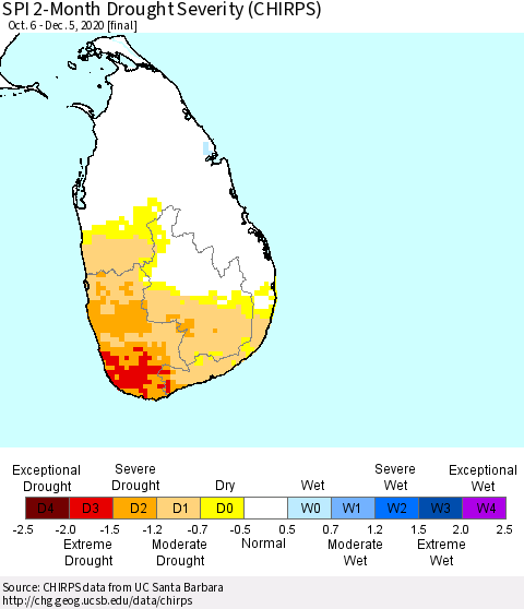 Sri Lanka SPI 2-Month Drought Severity (CHIRPS) Thematic Map For 10/6/2020 - 12/5/2020