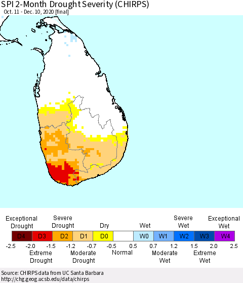 Sri Lanka SPI 2-Month Drought Severity (CHIRPS) Thematic Map For 10/11/2020 - 12/10/2020