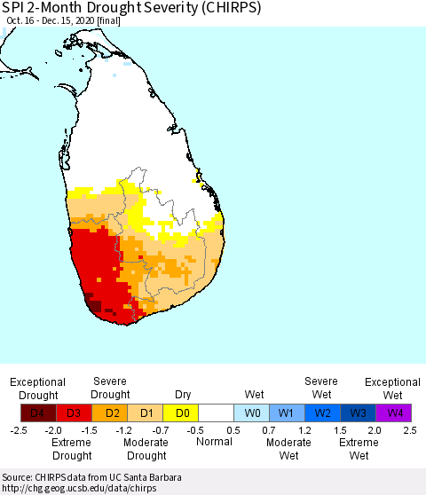 Sri Lanka SPI 2-Month Drought Severity (CHIRPS) Thematic Map For 10/16/2020 - 12/15/2020