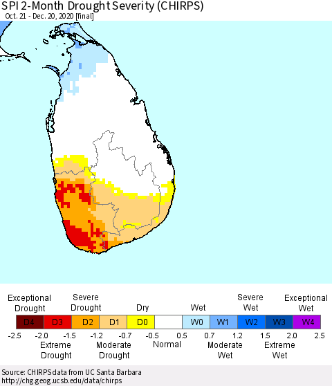 Sri Lanka SPI 2-Month Drought Severity (CHIRPS) Thematic Map For 10/21/2020 - 12/20/2020