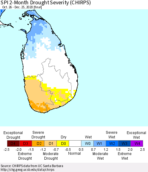 Sri Lanka SPI 2-Month Drought Severity (CHIRPS) Thematic Map For 10/26/2020 - 12/25/2020