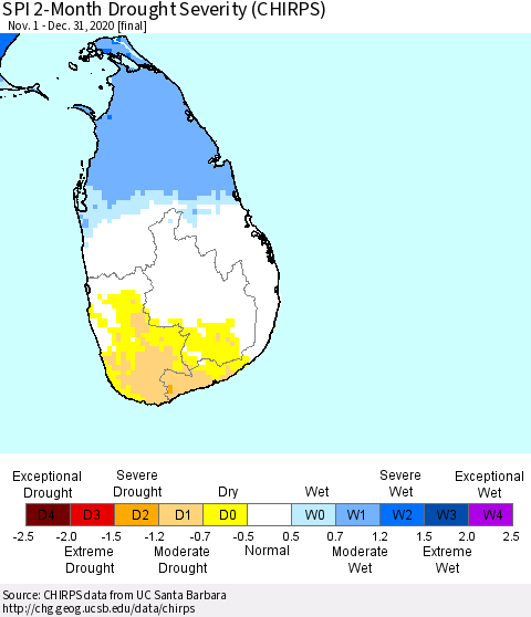 Sri Lanka SPI 2-Month Drought Severity (CHIRPS) Thematic Map For 11/1/2020 - 12/31/2020