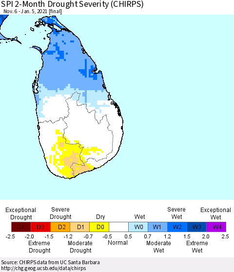 Sri Lanka SPI 2-Month Drought Severity (CHIRPS) Thematic Map For 11/6/2020 - 1/5/2021