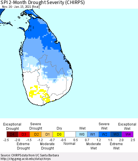 Sri Lanka SPI 2-Month Drought Severity (CHIRPS) Thematic Map For 11/16/2020 - 1/15/2021