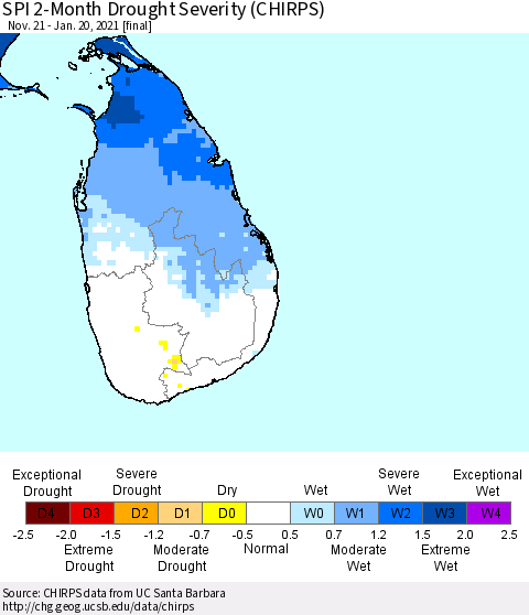 Sri Lanka SPI 2-Month Drought Severity (CHIRPS) Thematic Map For 11/21/2020 - 1/20/2021