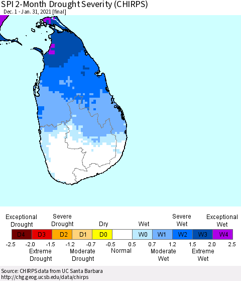 Sri Lanka SPI 2-Month Drought Severity (CHIRPS) Thematic Map For 12/1/2020 - 1/31/2021