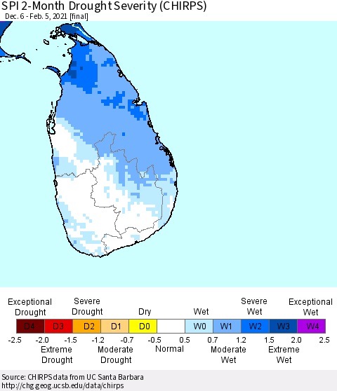 Sri Lanka SPI 2-Month Drought Severity (CHIRPS) Thematic Map For 12/6/2020 - 2/5/2021