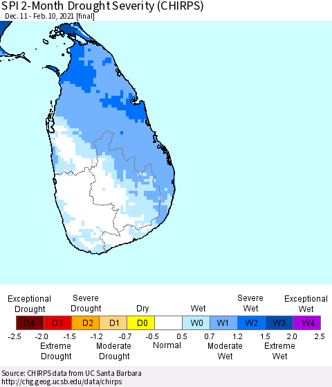 Sri Lanka SPI 2-Month Drought Severity (CHIRPS) Thematic Map For 12/11/2020 - 2/10/2021